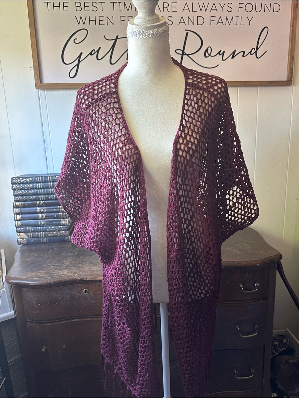 Open Crochet Kimono Cardigan in Deep Wine